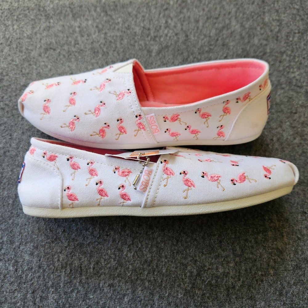 New! BOBS Skechers Flamingo Slip On Textile Size 7 White Pink Embroidered Flats